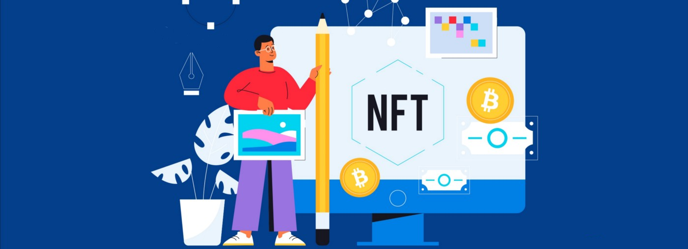 Man holding pen in front of screen with text: "NFT"