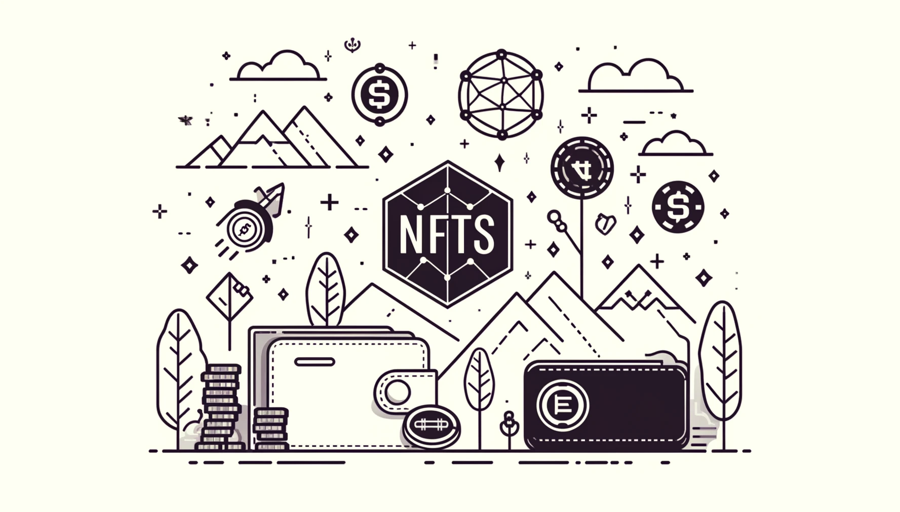 "NFTs" text surrounded by wallets and coins.