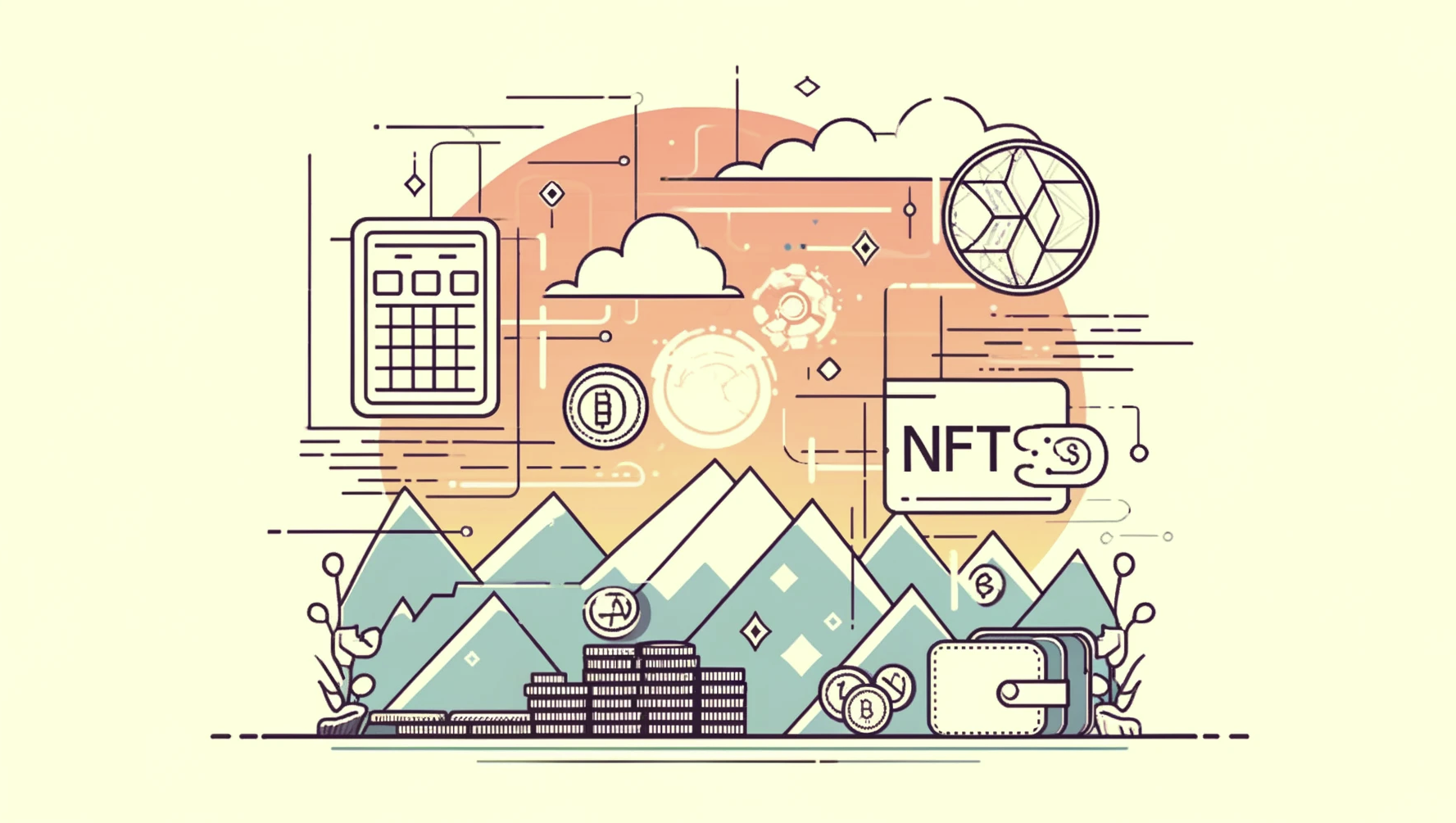"NFT" text surrounded by transfer animations, coins, and wallets.