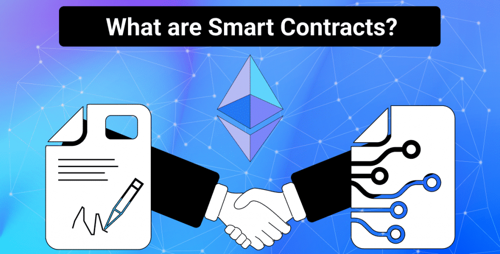 Two hands shaking hands with "What are Smart Contracts?" text.