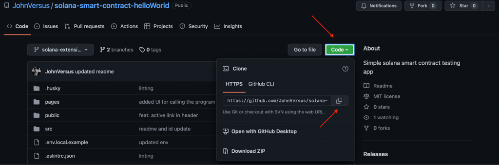 Arrows pointing at the copy button for a project on GitHub.