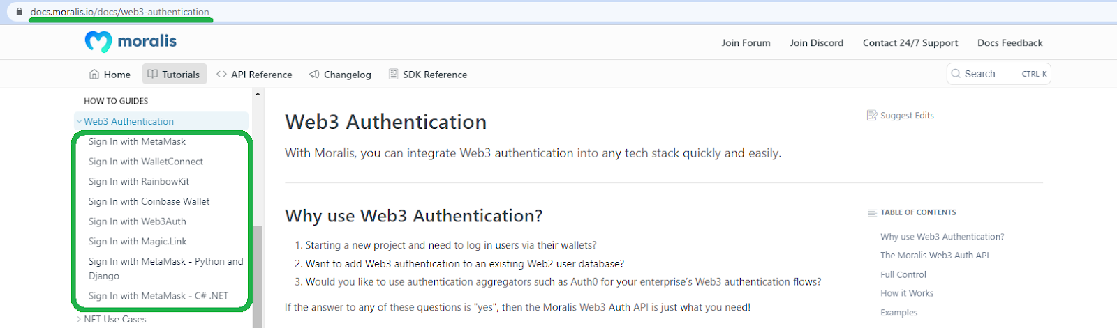 Moralis authentication documentation page.