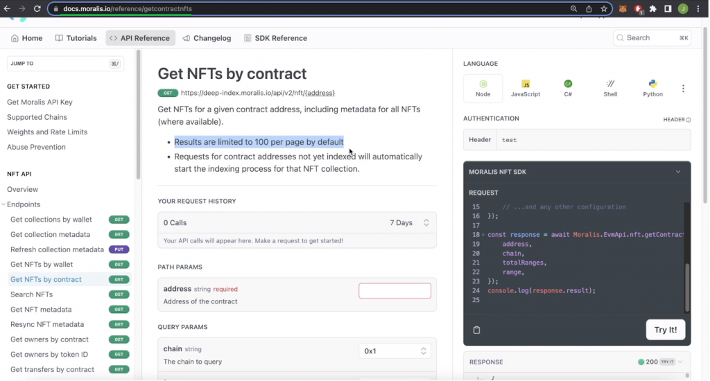 Get NFT by contract docs page.