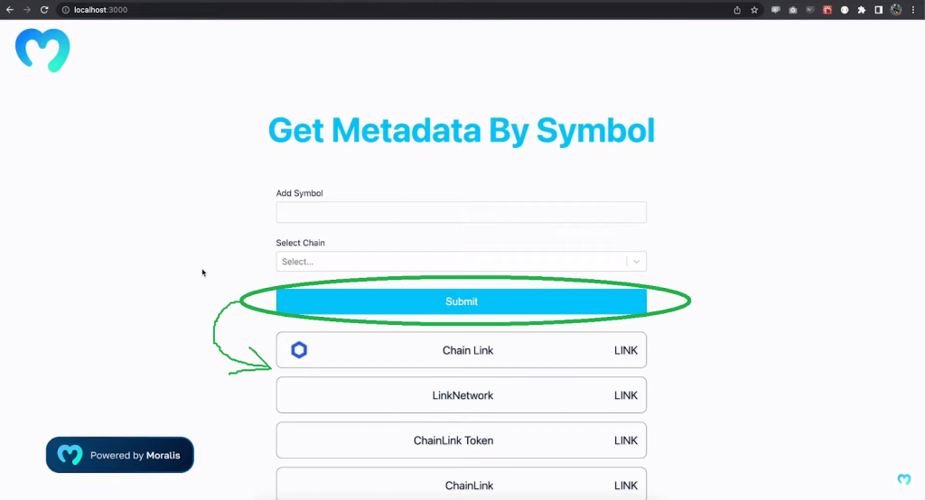 Submit button for get token metadata example dapp.