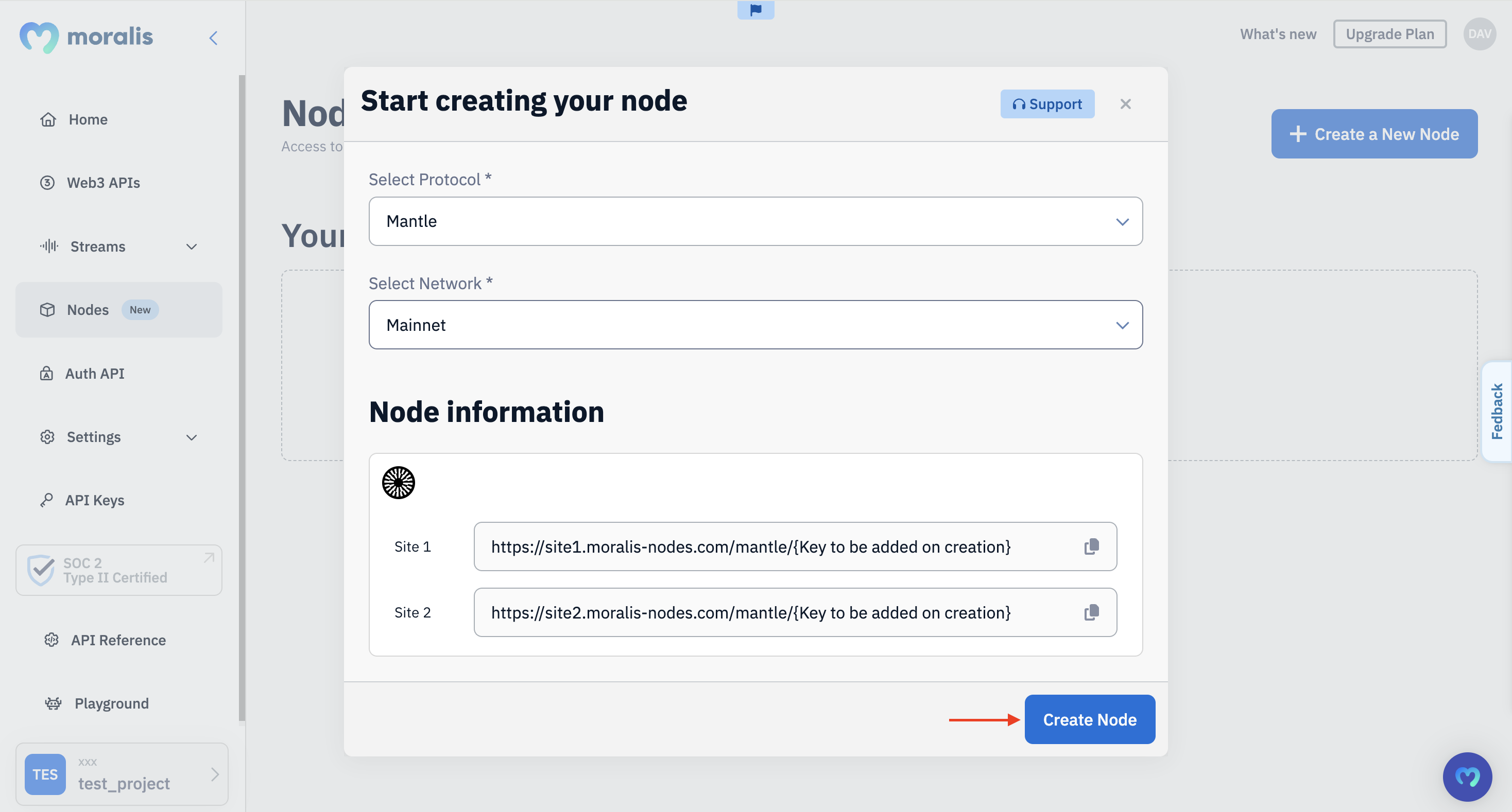 Red arrow pointing at "Create Node" button when configuring Mantle nodes.