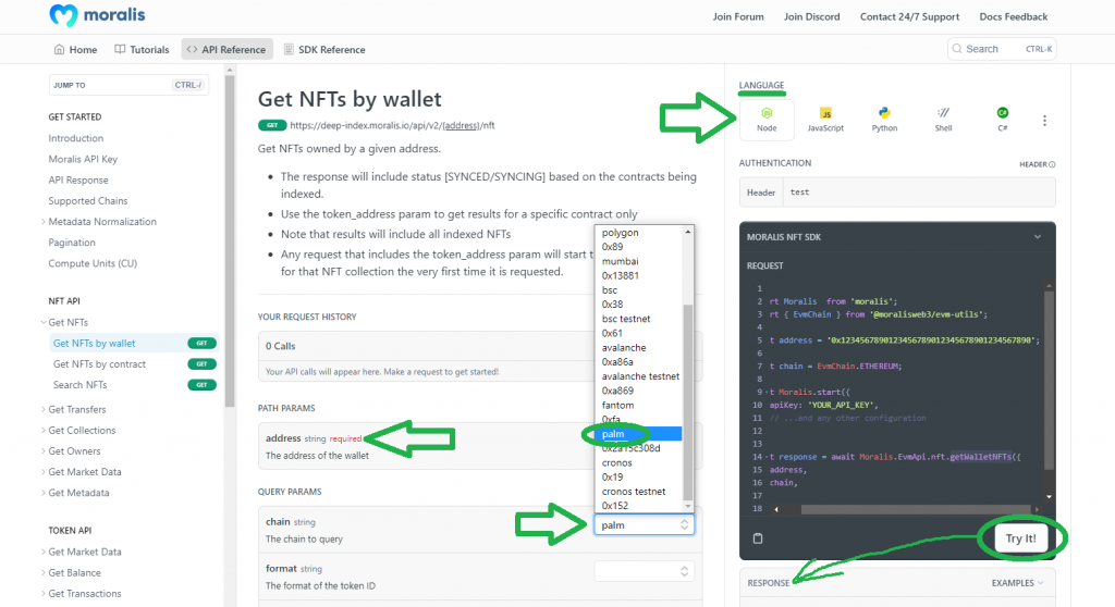 Get wallet NFTs on Palm network documentation page.