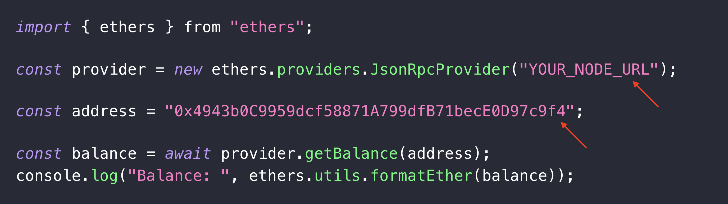 Red arrows pointing at YOUR_NODE_URL and address parameters in a code editor. 