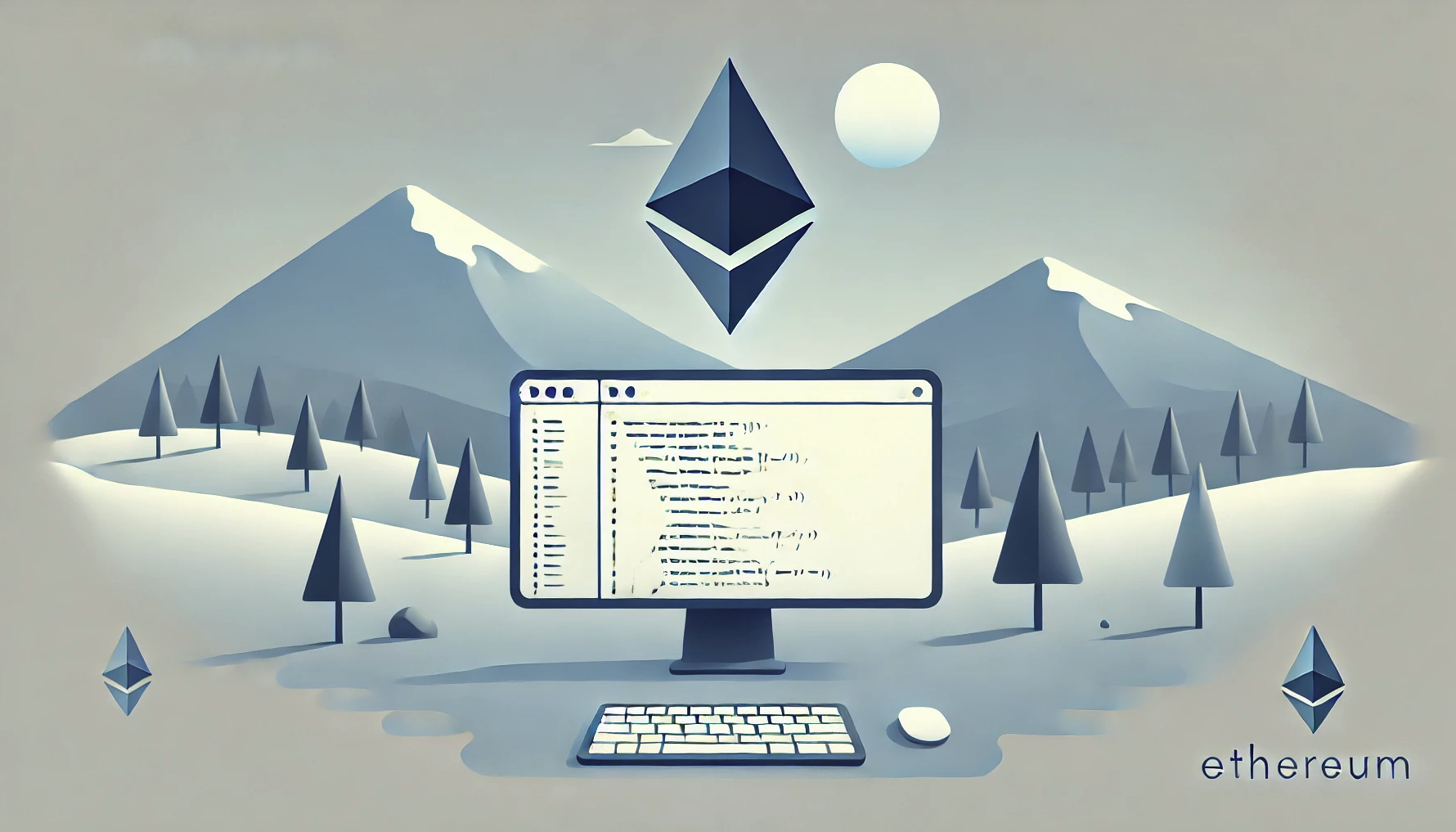 Monitor with Ethereum logo and Ethers.js code.