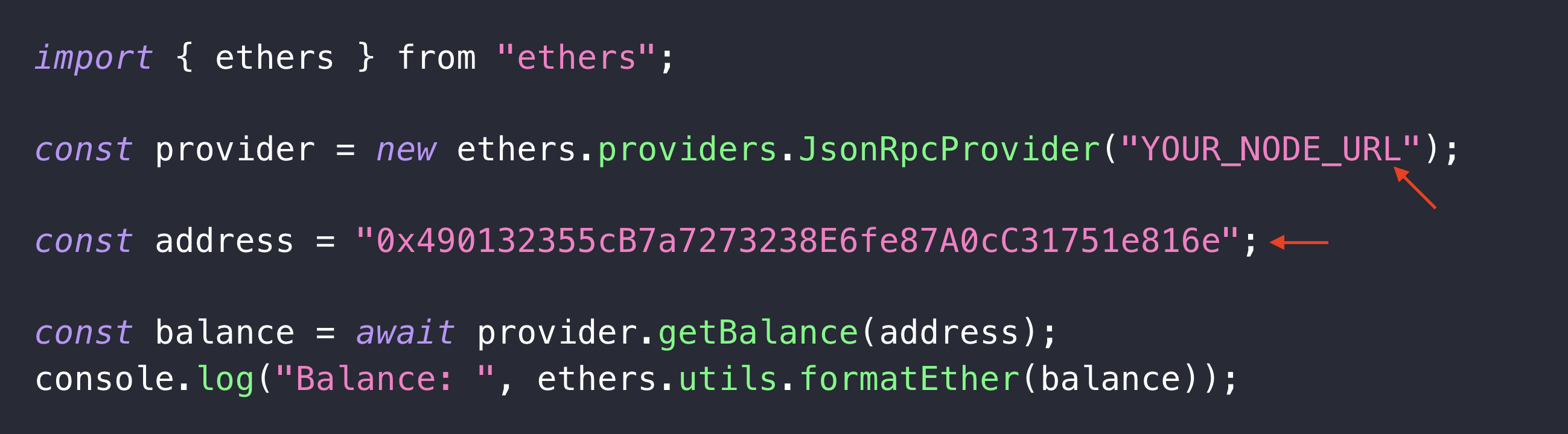 Red arrows pointing at YOUR_NODE_URL and the address parameter in code editor.