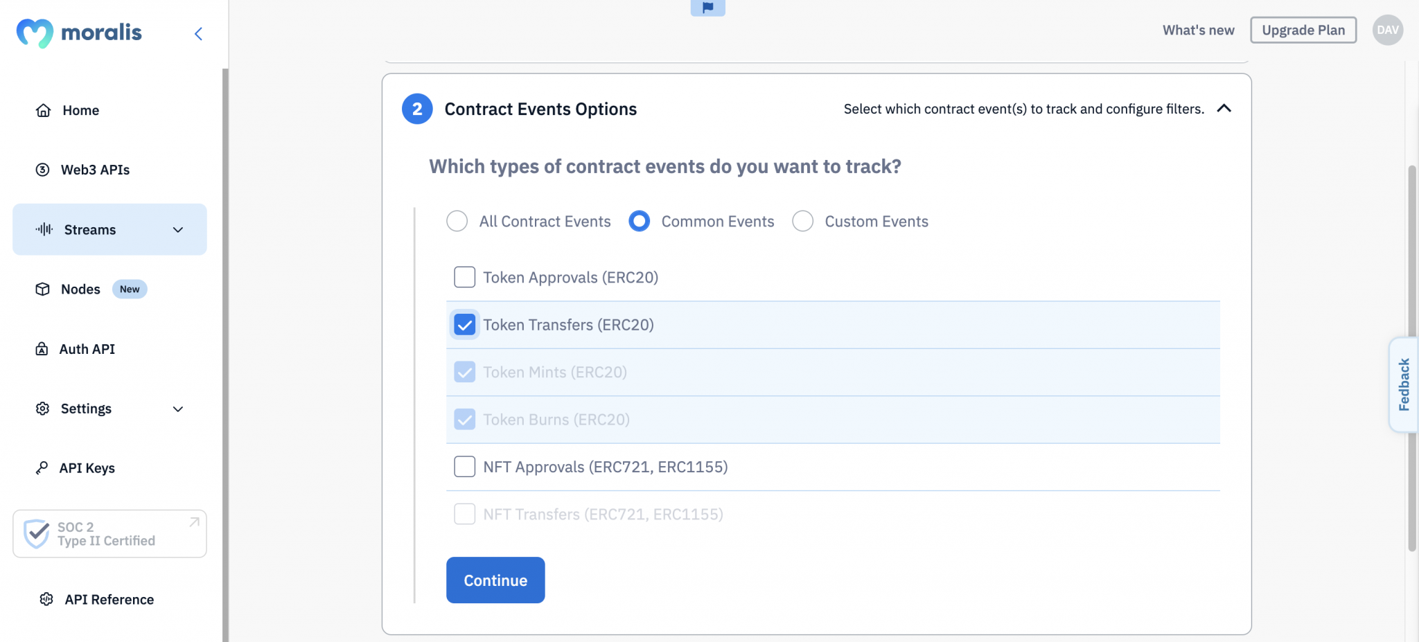 "Common Events" and "Token Transfers" boxes checked.