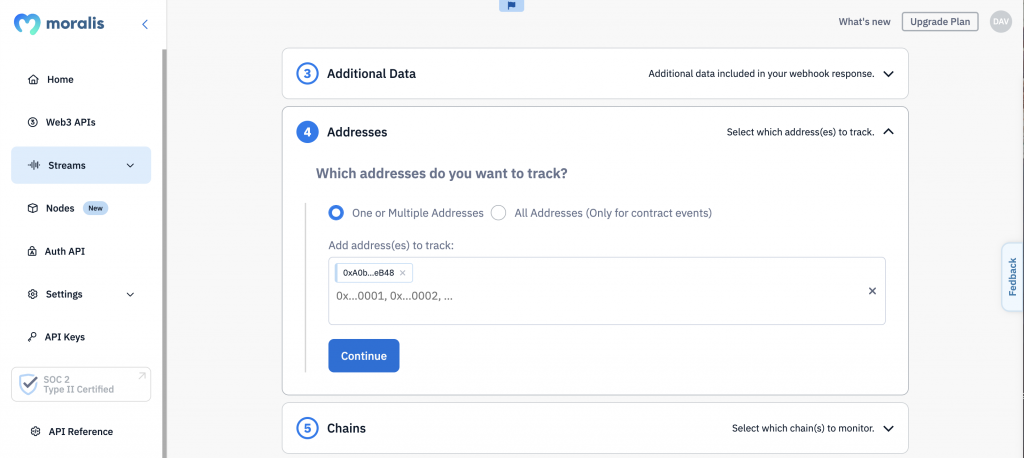 Adding the USDC contract address when creating a stream using the Streams API.