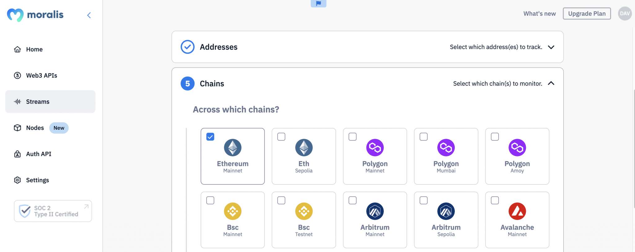 Selecting chains when creating a stream using the Streams API.