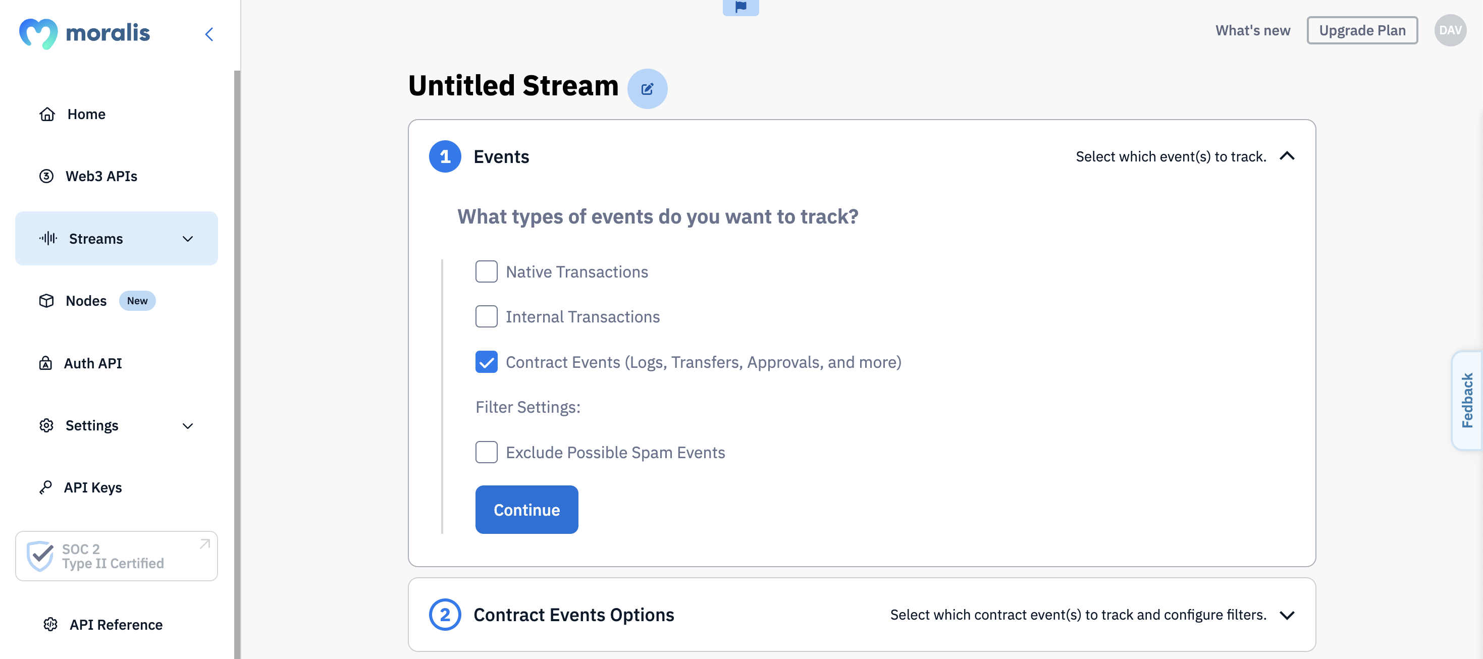 "Contract Events" checked when creating a stream using the Streams API.